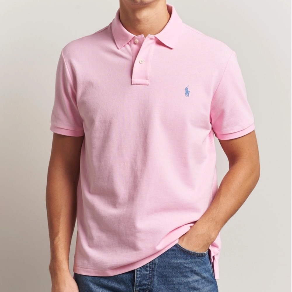 Polo Ralph Lauren Men Pink Short Sleeve Cotton Mesh Polo Shirt Large L Blue Pony